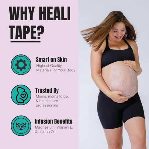 Heali Bump Belly Kinesiology Tape, 15 Pre-Cut Wide Strips, Synthetic Silk