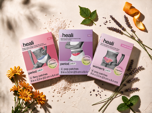 The Period Relief Kit: Cooling A.M., Warming P.M. and Women's Wellness patch boxes with magnesium salt, raspberry leaf, lavender, arnica, sweet orange and mint