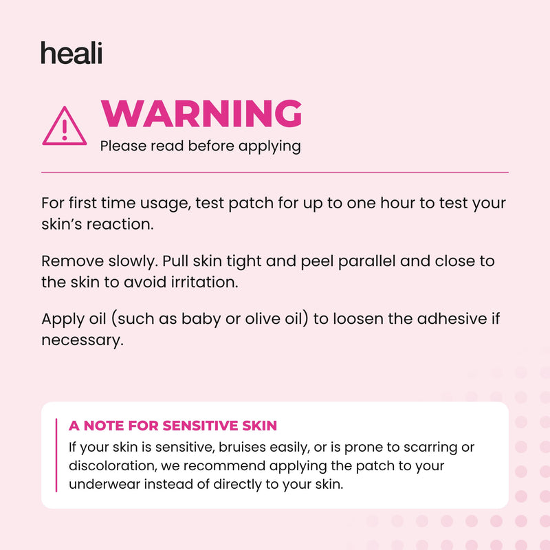 Warning: please read before applying. Test patch, remove slowly, use oil to loosen adhesive, sensitive skin note.
